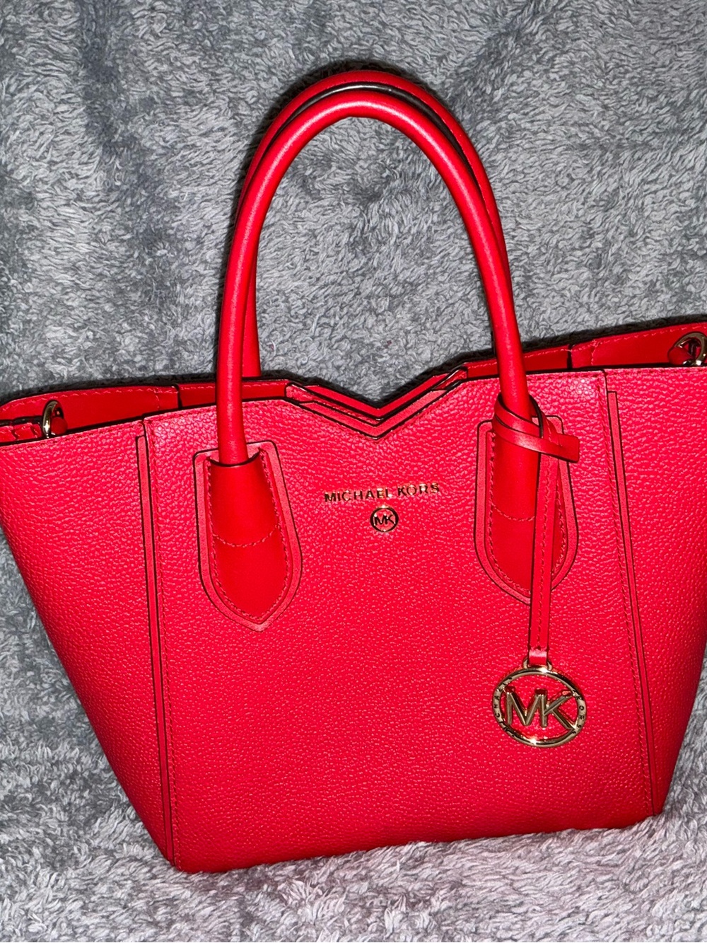 Michael Kors Mercer Medium Satchel Bright Red Pebbled Leather Gold Hardware